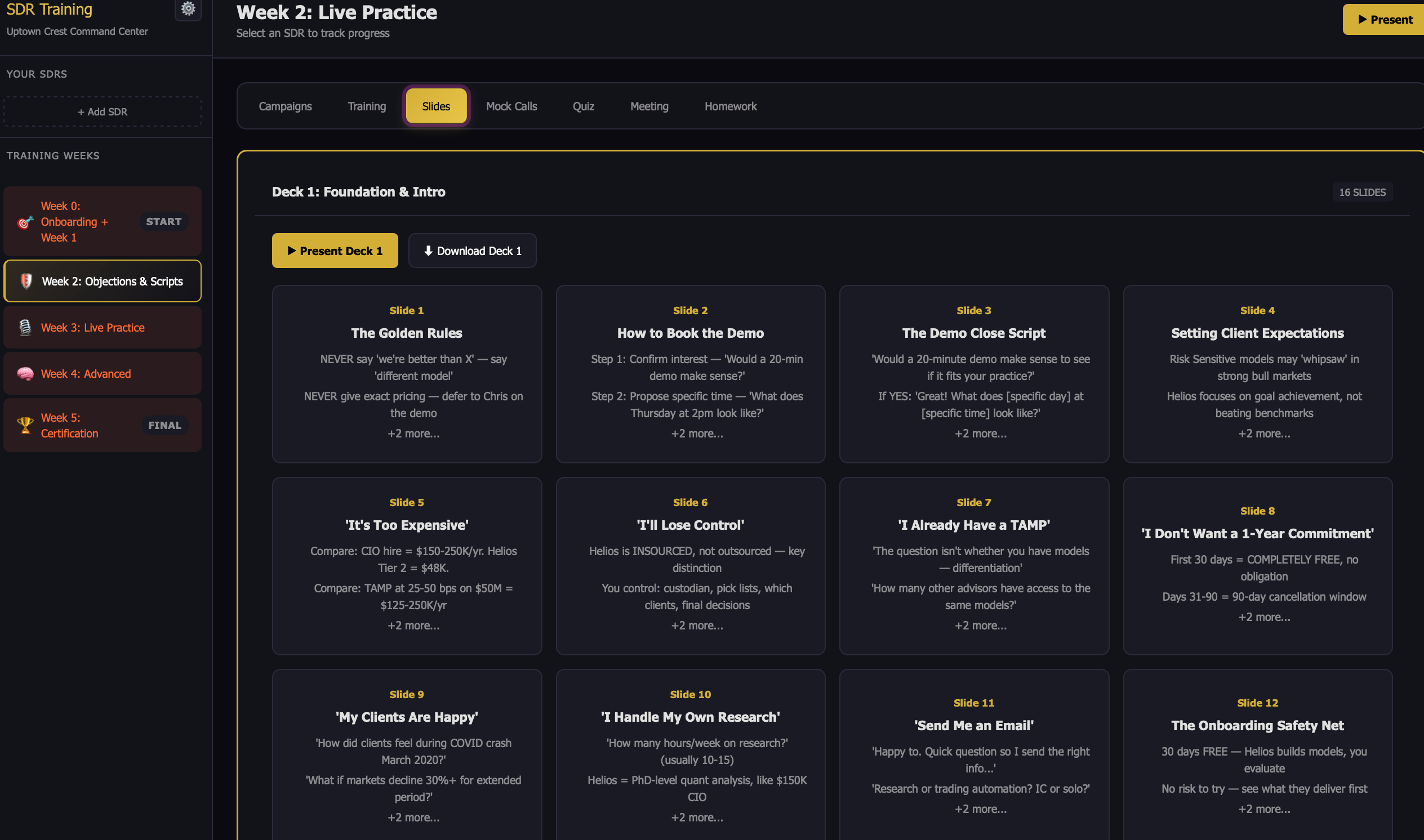 Slide library with objection handling scripts